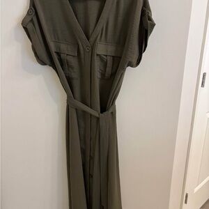 Olive Green Belted Button-Front Women's Dress